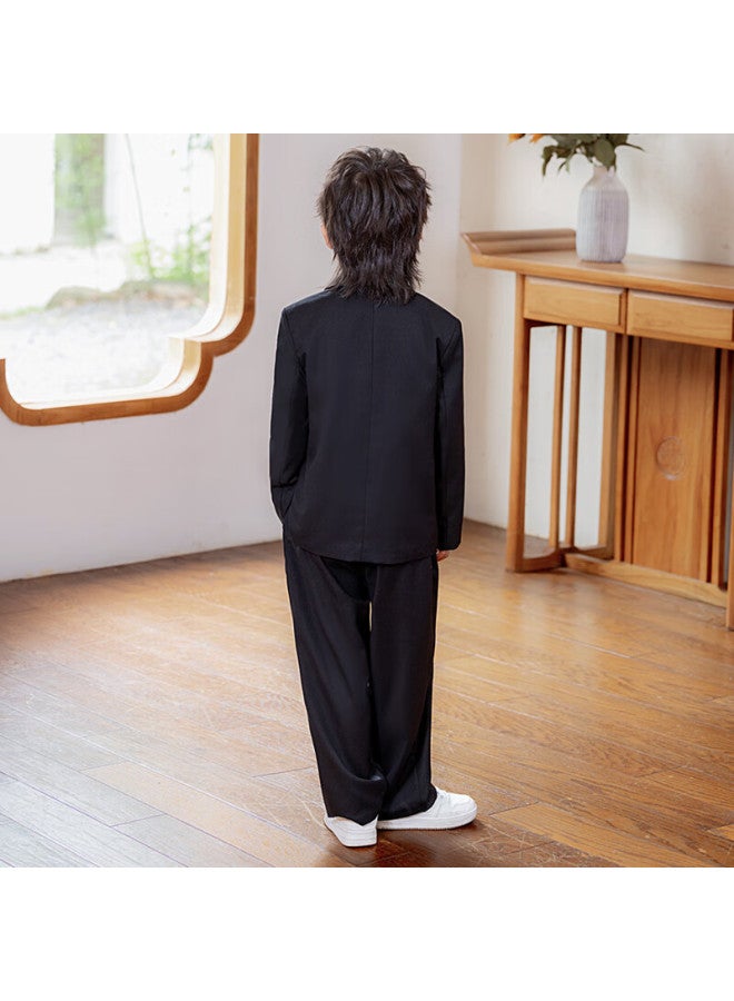 Luobobeibei Children's Suit New Chinese Style Boys' National Style Vest Flower Boy Formal Wear Performance Outfit Black Five-piece Set Size 140 - Image 3