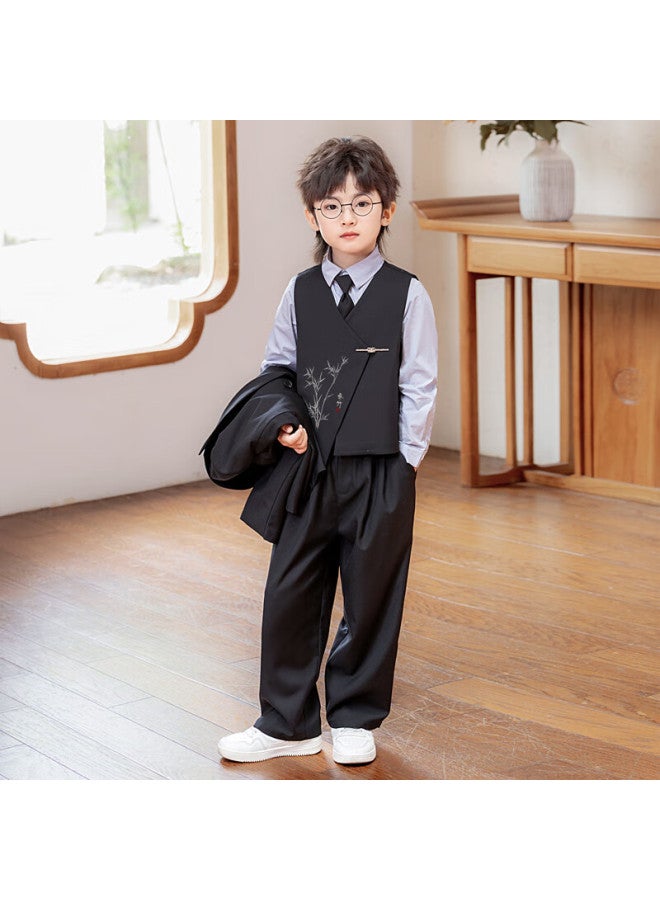 Luobobeibei Children's Suit New Chinese Style Boys' National Style Vest Flower Boy Formal Wear Performance Outfit Black Five-piece Set Size 140 - Image 4