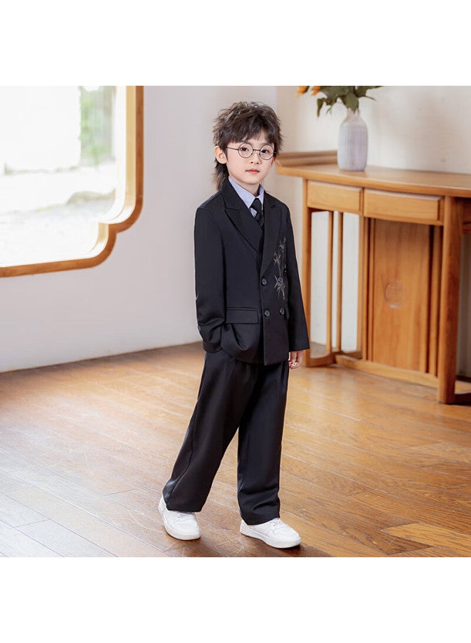 Luobobeibei Children's Suit New Chinese Style Boys' National Style Vest Flower Boy Formal Wear Performance Outfit Black Five-piece Set Size 140 - Image 2
