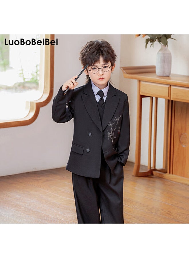 Luobobeibei Children's Suit New Chinese Style Boys' National Style Vest Flower Boy Formal Wear Performance Outfit Black Five-piece Set Size 140 - Image 1
