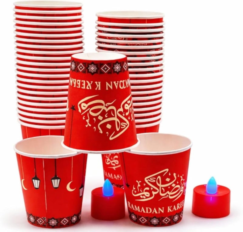 عبوة من 50 كوبًا ورقيًا مزخرفًا لرمضان - تصميم إسلامي احتفالي بزخارف الهلال والفانوس والنجمة - أكواب حفلات للاستخدام مرة واحدة للإفطار والسحور واحتفالات العيد - جودة عالية للمشروبات الساخنة (7 أونصة)