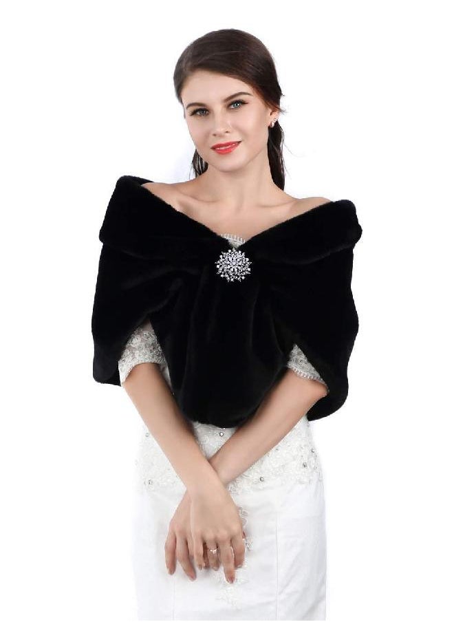 Aukmla Aukmla Women's Wedding Faux Fur Shawls and Wraps Bridal Fur Scarf Stoles with Rhinestones Brooch for Bride and Bridesmaids (Black)  - Image 1
