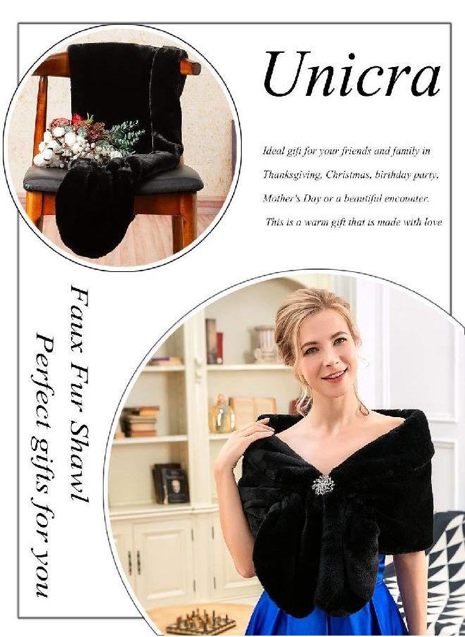 Aukmla Aukmla Women's Wedding Faux Fur Shawls and Wraps Bridal Fur Scarf Stoles with Rhinestones Brooch for Bride and Bridesmaids (Black)  - Image 2