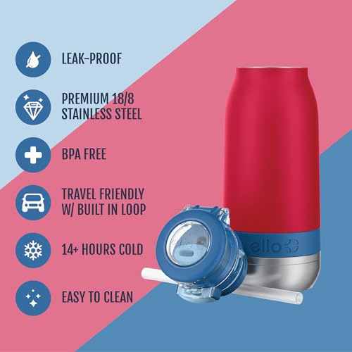 Ello Emma 14oz Vacuum Insulated Stainless Steel Kids Water Bottle with Straw and Builtin Carrying Handle and LeakProof Locking Lid for School Backpack Lunchbox and Outdoor Sports Red Splash - Image 3