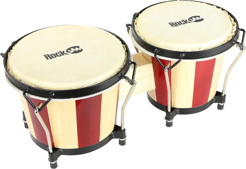 RockJam 7" and 8" Bongo Drum Set with Padded Bag and Tuning Key, Red and Natural Stripe - Image 3