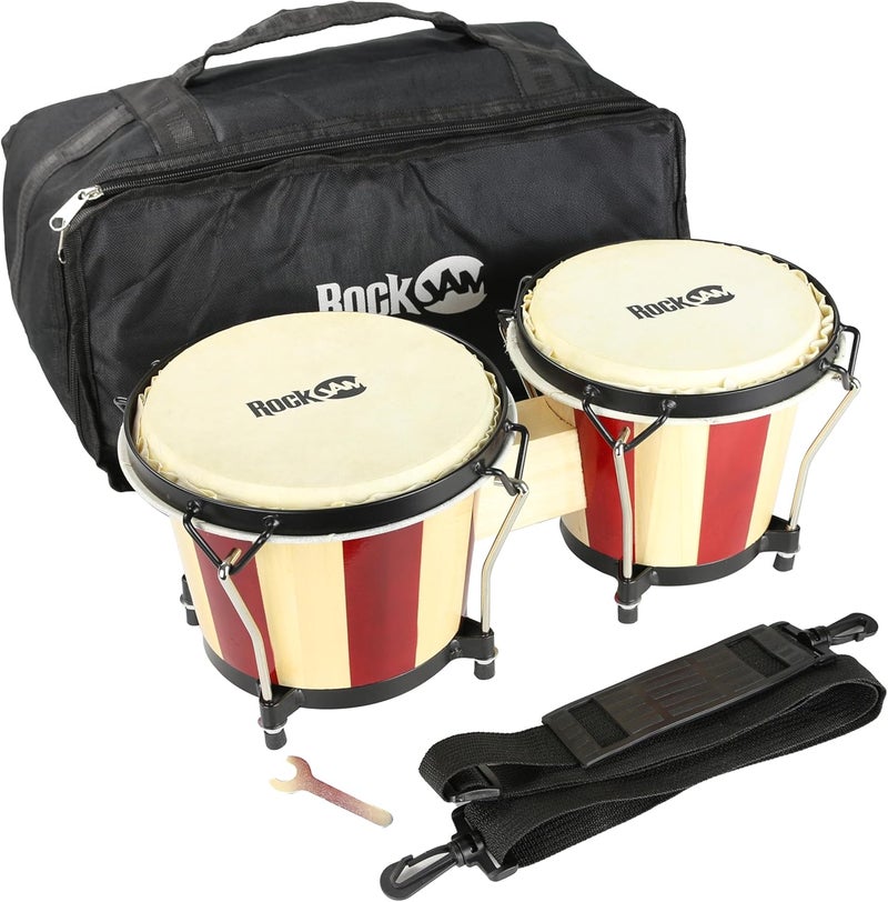 RockJam 7" and 8" Bongo Drum Set with Padded Bag and Tuning Key, Red and Natural Stripe - Image 1