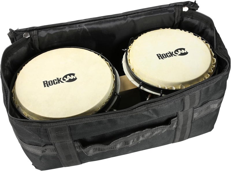 RockJam 7" and 8" Bongo Drum Set with Padded Bag and Tuning Key, Red and Natural Stripe - Image 4