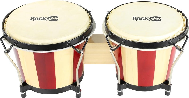 RockJam 7" and 8" Bongo Drum Set with Padded Bag and Tuning Key, Red and Natural Stripe - Image 2