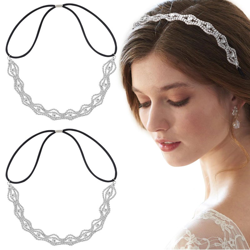 CustomyLife 2pcs Elastic Rhinestone Headbands Sparkly Wave Head Chain Crown Alloy Disco Silver Crystal Hair Band Accessories for Wedding Prom First Communion Pageant Women Girls - Image 1