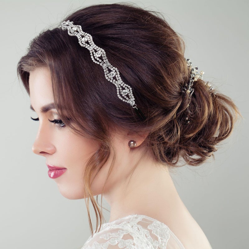 CustomyLife 2pcs Elastic Rhinestone Headbands Sparkly Wave Head Chain Crown Alloy Disco Silver Crystal Hair Band Accessories for Wedding Prom First Communion Pageant Women Girls - Image 3