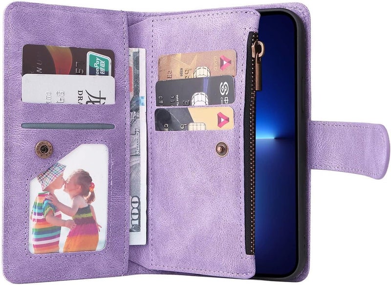 YUANSHXM-Wallet Case for iPhone 15 Pro Premium Leather Case with 9 Card Slots Kickstand Magnetic Flip Phone Cover with Neck Strap Crossbody Chain for Women (Brown,iPhone15 Pro) - Image 3