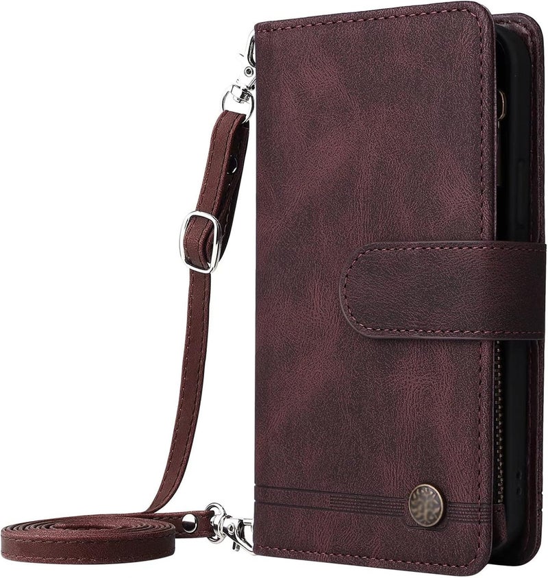 YUANSHXM-Wallet Case for iPhone 15 Pro Premium Leather Case with 9 Card Slots Kickstand Magnetic Flip Phone Cover with Neck Strap Crossbody Chain for Women (Brown,iPhone15 Pro) - Image 1