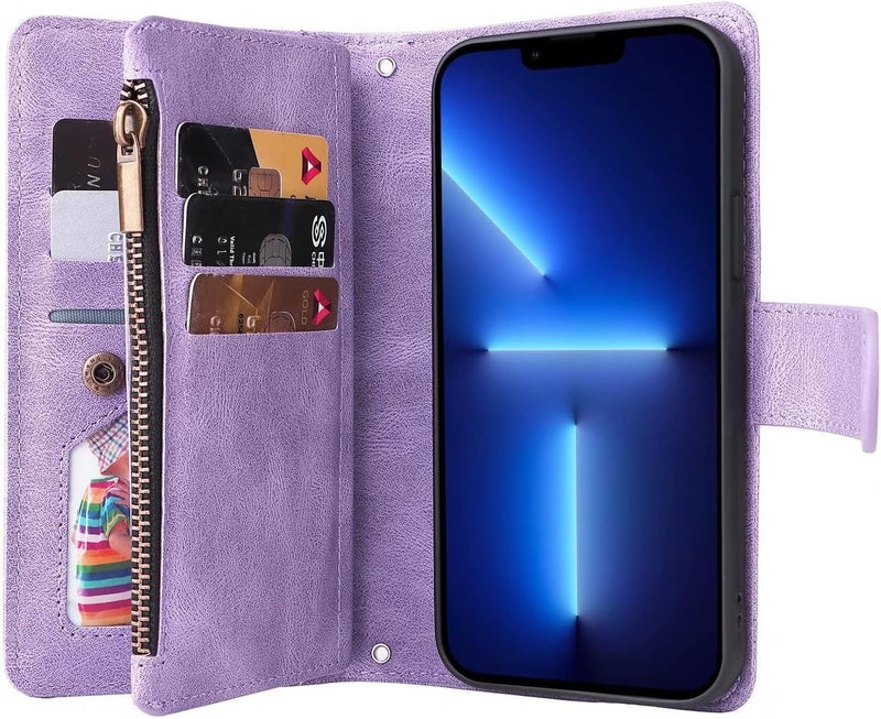 YUANSHXM-Wallet Case for iPhone 15 Pro Premium Leather Case with 9 Card Slots Kickstand Magnetic Flip Phone Cover with Neck Strap Crossbody Chain for Women (Brown,iPhone15 Pro) - Image 4