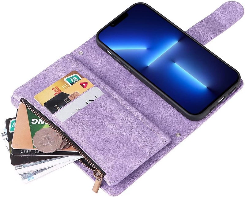 YUANSHXM-Wallet Case for iPhone 15 Pro Premium Leather Case with 9 Card Slots Kickstand Magnetic Flip Phone Cover with Neck Strap Crossbody Chain for Women (Brown,iPhone15 Pro) - Image 5