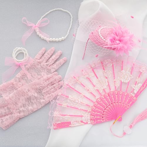 Fumwase 5Pcs Tea Party Accessories Set for Girls Tea Party Favors Kit Tea Party Gloves Hats Necklace Fan Bracelet (Pink), Standard - Image 4
