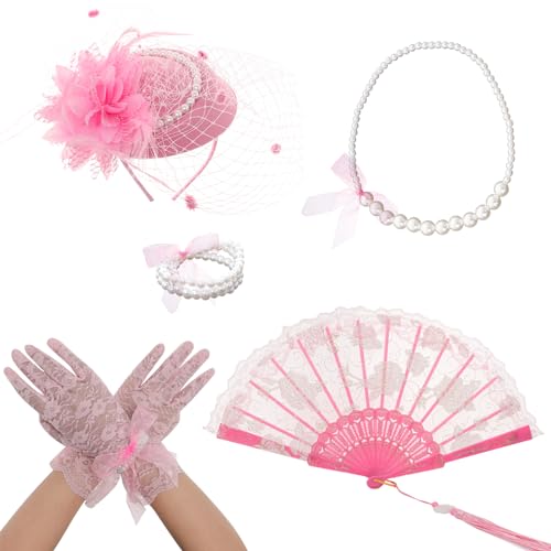 Fumwase 5Pcs Tea Party Accessories Set for Girls Tea Party Favors Kit Tea Party Gloves Hats Necklace Fan Bracelet (Pink), Standard - Image 1