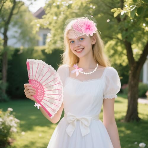 Fumwase 5Pcs Tea Party Accessories Set for Girls Tea Party Favors Kit Tea Party Gloves Hats Necklace Fan Bracelet (Pink), Standard - Image 5