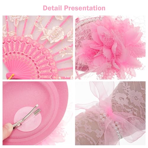 Fumwase 5Pcs Tea Party Accessories Set for Girls Tea Party Favors Kit Tea Party Gloves Hats Necklace Fan Bracelet (Pink), Standard - Image 3