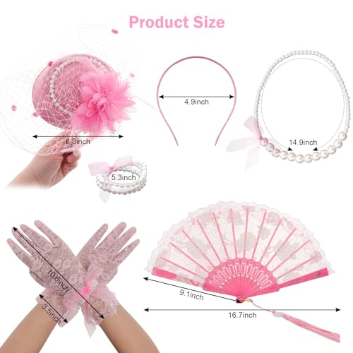 Fumwase 5Pcs Tea Party Accessories Set for Girls Tea Party Favors Kit Tea Party Gloves Hats Necklace Fan Bracelet (Pink), Standard - Image 2