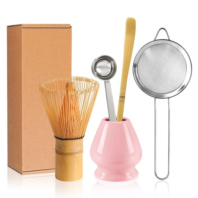MATCHA WHISK SET MATCHA MAKING KIT BAMBOO CHASEN CERAMIC WHISK HOLDER STAND SIFTER SCOOP JAPANESE TEA TOOLS SOLID PINK