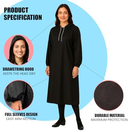 HACER EVA Raincoat 110 GSM with Adjustable Hood Full Sleeves Universal Size Long Length Lightweight Water Resistant Outdoor Rainwear for Camping Trekking Hiking Men & Women (Pack of 1, Black) - Image 3