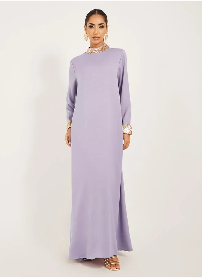 Styli high neck full sleeve jalabiya with shimmer trim