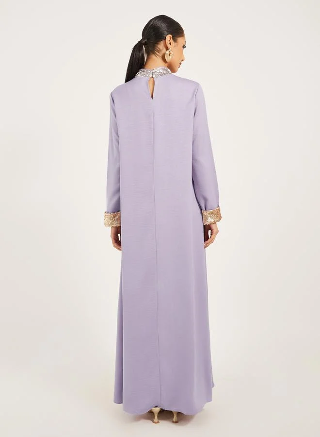 Styli high neck full sleeve jalabiya with shimmer trim