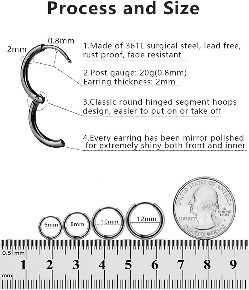 Motbegit Store 316L Surgical Stainless Steel Hoop Earrings,Mens Hoops Earrings Gold Silver Black Hypoallergenic,6mm 8mm 10mm 12mm Small Huggie Hoop Earrings Men Women for Cartilage Piercings - Image 4
