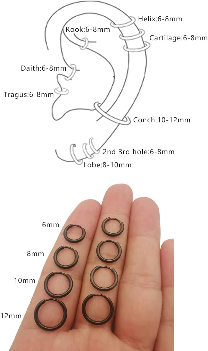 Motbegit Store 316L Surgical Stainless Steel Hoop Earrings,Mens Hoops Earrings Gold Silver Black Hypoallergenic,6mm 8mm 10mm 12mm Small Huggie Hoop Earrings Men Women for Cartilage Piercings - Image 5