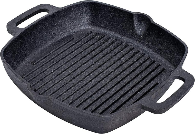 Bruntmor 10 Inch Square Cast Iron Grill Pan Steak Pan Pre Seasoned Grill Pan with Easy Grease Drain Spout, with Large Loop Handles for Grilling Bacon, Steak, and Meats - Image 1