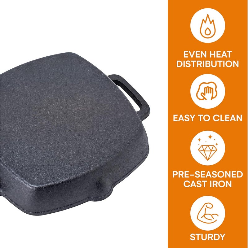 Bruntmor 10 Inch Square Cast Iron Grill Pan Steak Pan Pre Seasoned Grill Pan with Easy Grease Drain Spout, with Large Loop Handles for Grilling Bacon, Steak, and Meats - Image 5