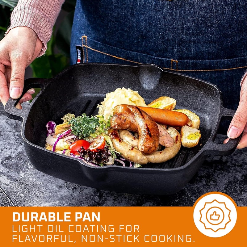 Bruntmor 10 Inch Square Cast Iron Grill Pan Steak Pan Pre Seasoned Grill Pan with Easy Grease Drain Spout, with Large Loop Handles for Grilling Bacon, Steak, and Meats - Image 2