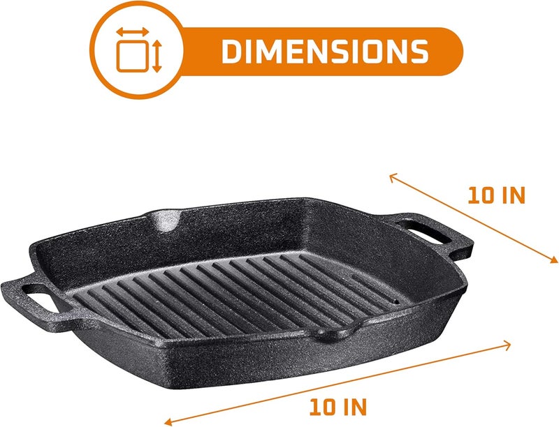Bruntmor 10 Inch Square Cast Iron Grill Pan Steak Pan Pre Seasoned Grill Pan with Easy Grease Drain Spout, with Large Loop Handles for Grilling Bacon, Steak, and Meats - Image 3