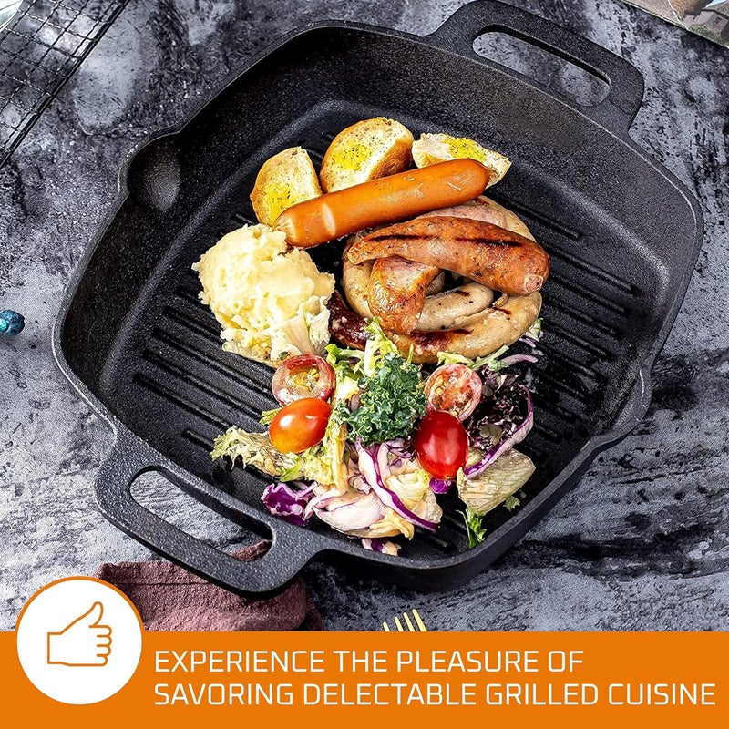 Bruntmor 10 Inch Square Cast Iron Grill Pan Steak Pan Pre Seasoned Grill Pan with Easy Grease Drain Spout, with Large Loop Handles for Grilling Bacon, Steak, and Meats - Image 4