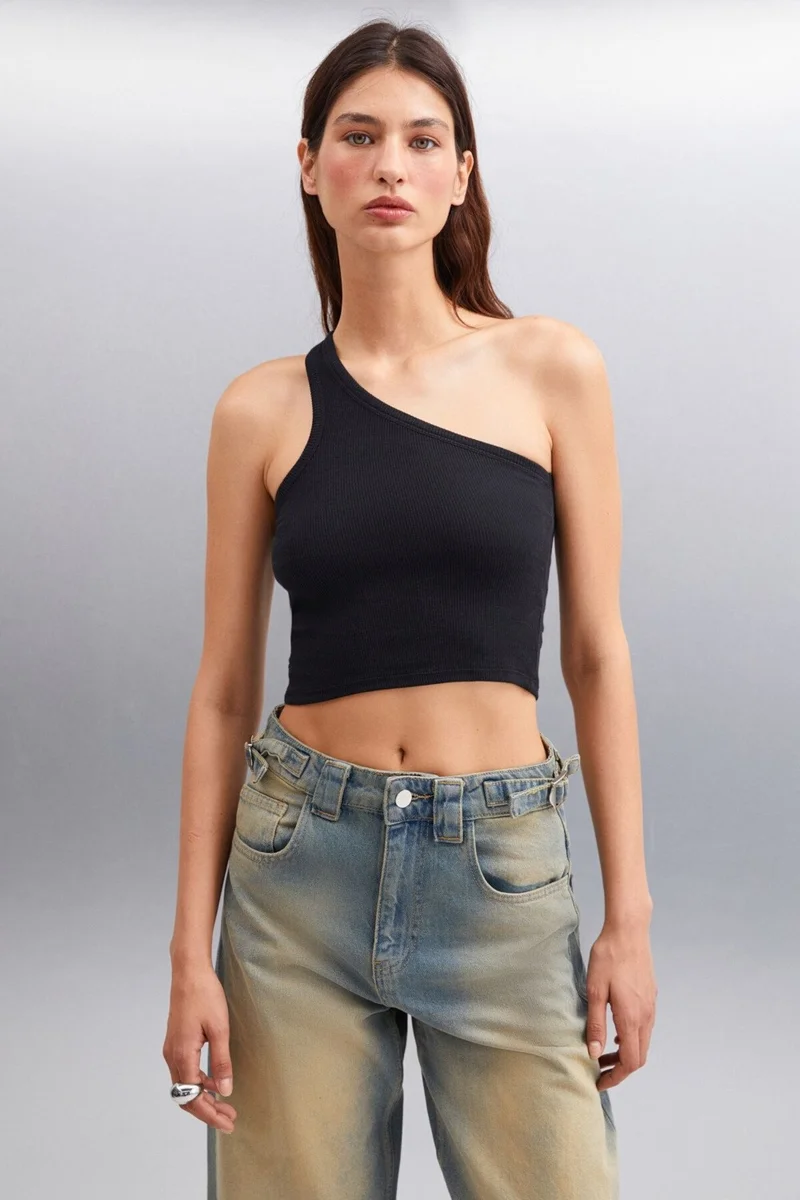 GRIMELANGE DIVINA Women's Asymmetrical Collar Black Blouse