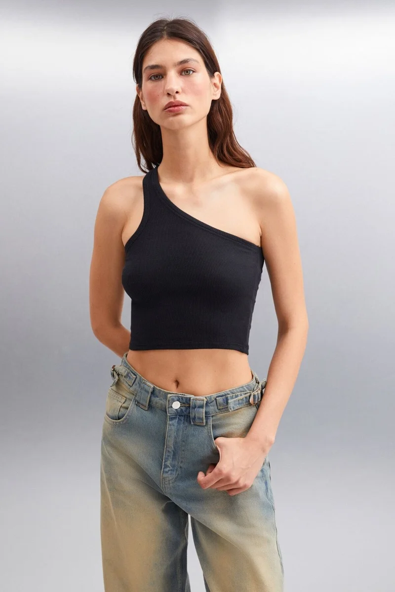 GRIMELANGE DIVINA Women's Asymmetrical Collar Black Blouse