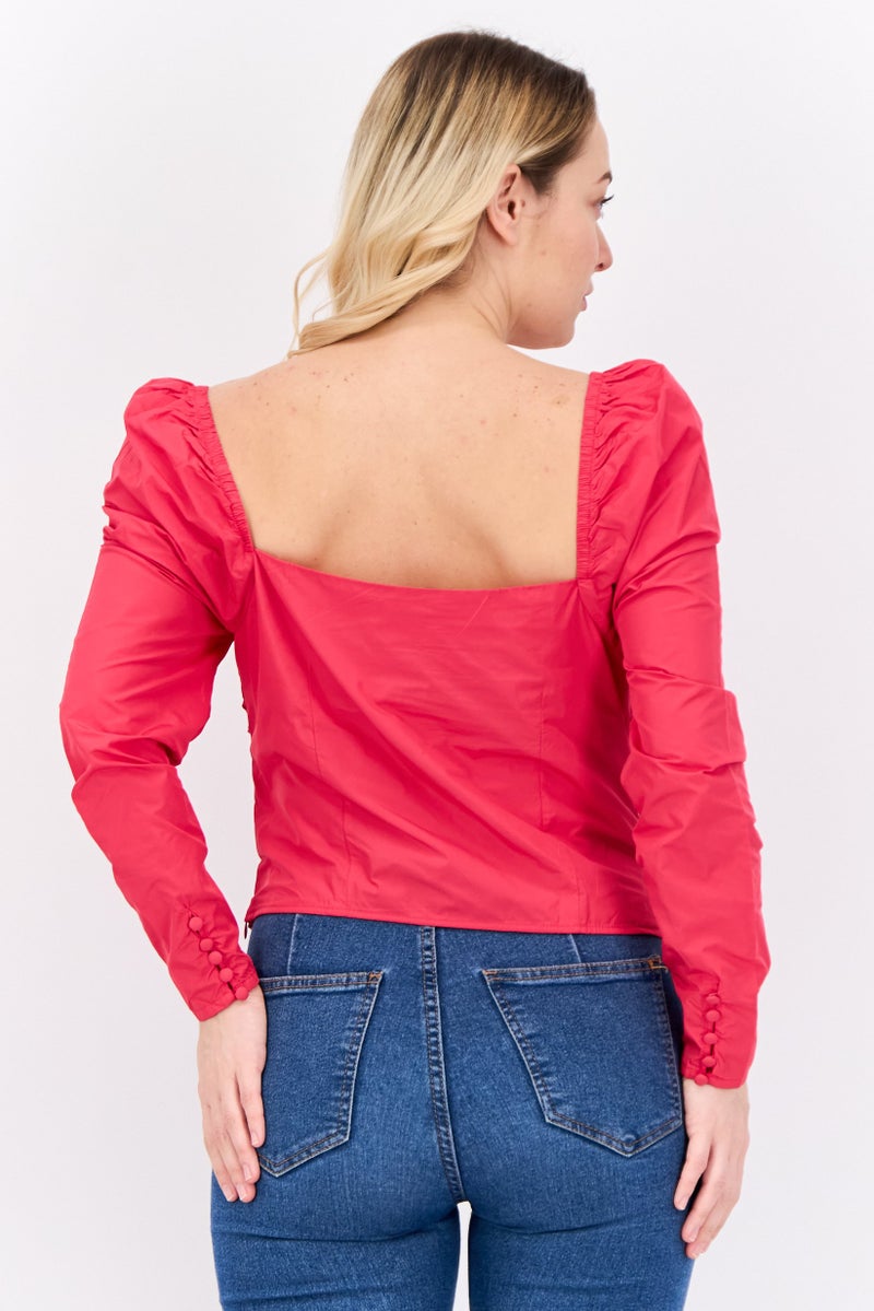 MANGO بلوزة نسائية بقصة رقبة على شكل قلب بأكمام طويلة، وردي - Image 3