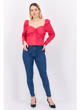 MANGO Women Sweatheart Neckline Long Sleeves Solid Crop Top, Pink  - Image 4