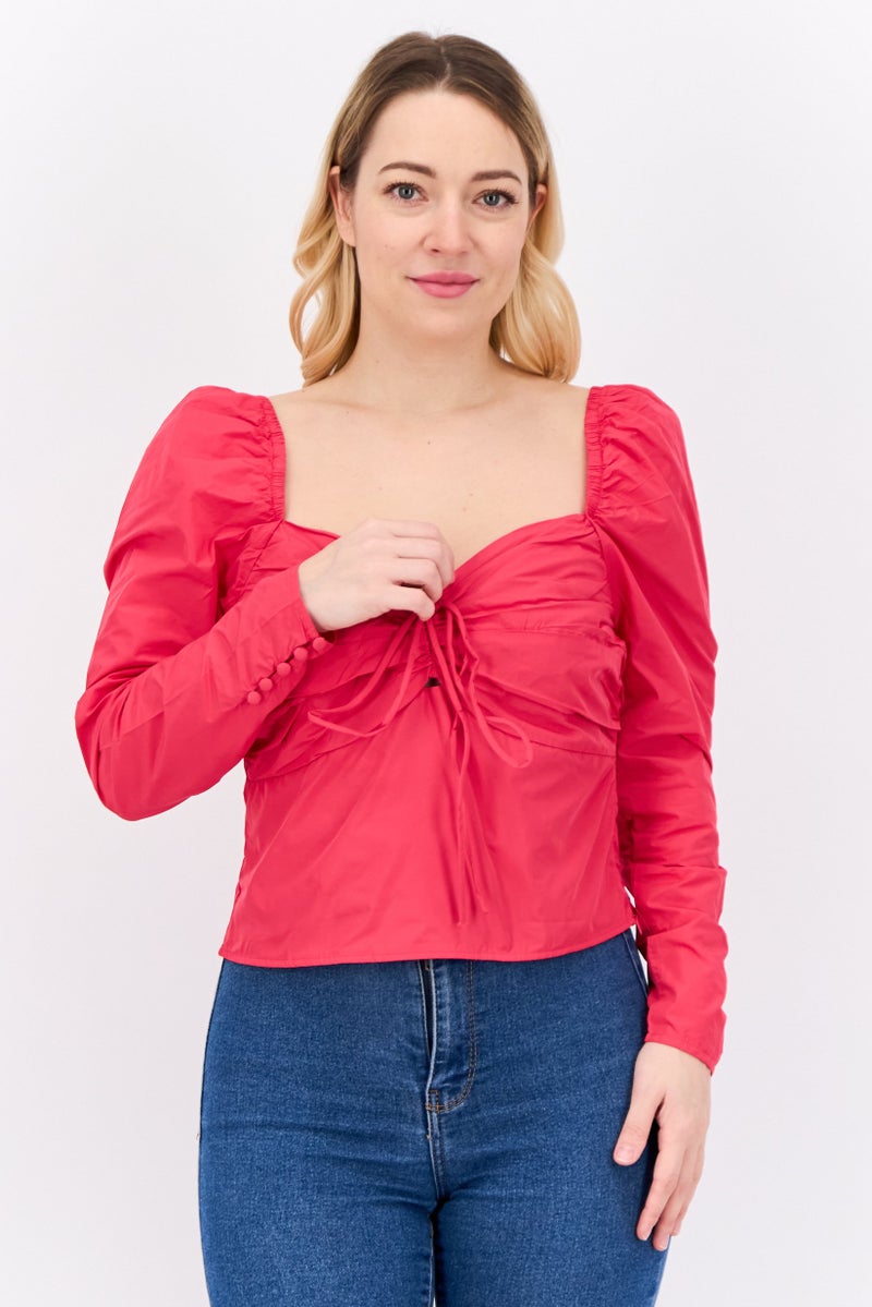 MANGO بلوزة نسائية بقصة رقبة على شكل قلب بأكمام طويلة، وردي - Image 1