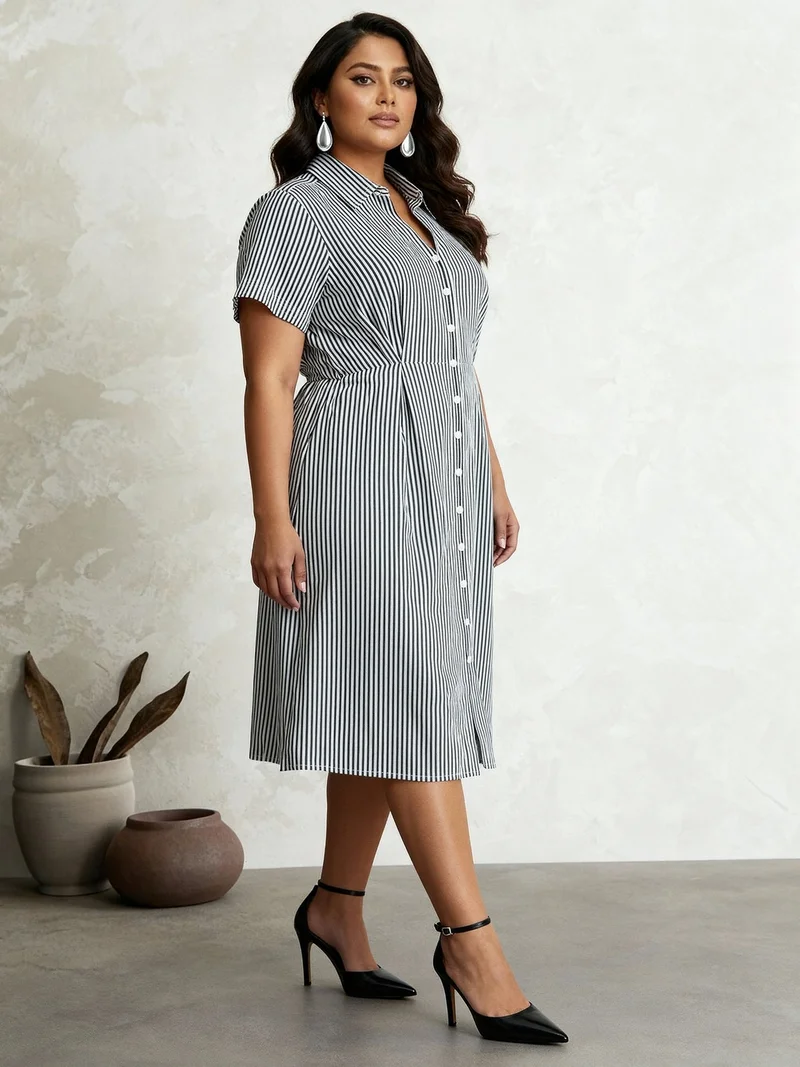 جلو باص فستان قميص نسائي مخطط بياقة قميص بليسيه ميدي مناسب للعمل