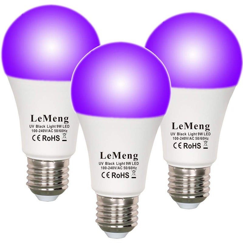 LEMENG لمبة ليمينغ LED سوداء 9 واط، ضوء أسود A19 (معادل 75 واط)، قاعدة متوسطة E26 120 فولت، مستوى UVA 395-400 نانومتر، تتوهج في الظلام لحفلات الأضواء السوداء، طلاء الجسم، ملصقات فلورية - عبوة 3 - Image 1