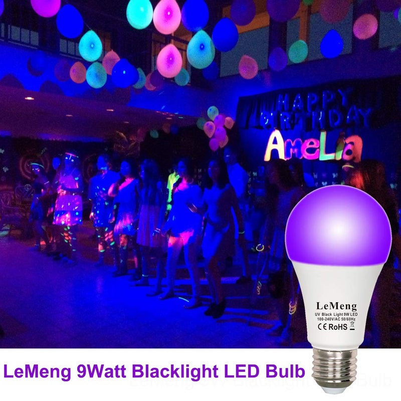 LEMENG لمبة ليمينغ LED سوداء 9 واط، ضوء أسود A19 (معادل 75 واط)، قاعدة متوسطة E26 120 فولت، مستوى UVA 395-400 نانومتر، تتوهج في الظلام لحفلات الأضواء السوداء، طلاء الجسم، ملصقات فلورية - عبوة 3 - Image 5