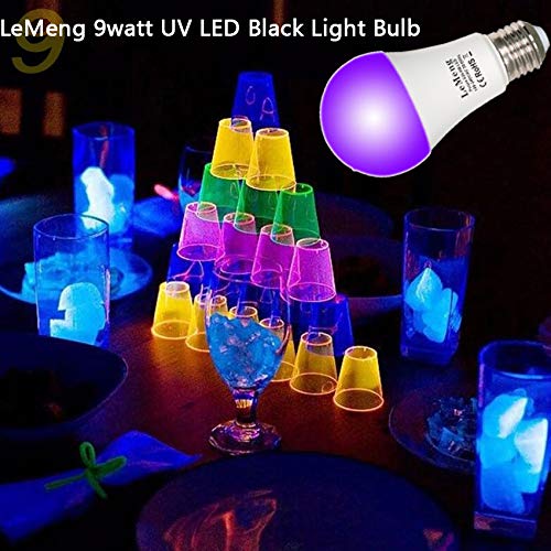 LEMENG لمبة ليمينغ LED سوداء 9 واط، ضوء أسود A19 (معادل 75 واط)، قاعدة متوسطة E26 120 فولت، مستوى UVA 395-400 نانومتر، تتوهج في الظلام لحفلات الأضواء السوداء، طلاء الجسم، ملصقات فلورية - عبوة 3 - Image 3