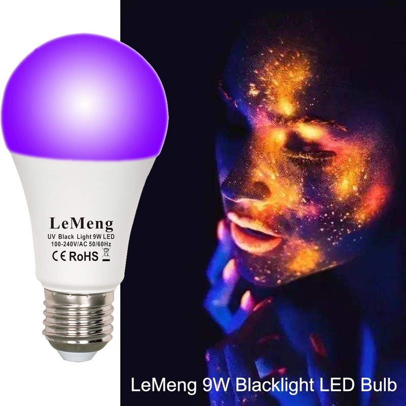 LEMENG لمبة ليمينغ LED سوداء 9 واط، ضوء أسود A19 (معادل 75 واط)، قاعدة متوسطة E26 120 فولت، مستوى UVA 395-400 نانومتر، تتوهج في الظلام لحفلات الأضواء السوداء، طلاء الجسم، ملصقات فلورية - عبوة 3 - Image 4