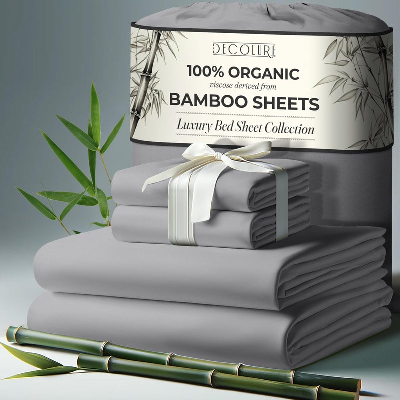DECOLURE 100% Organic Viscose Derived from Bamboo Sheets Full Size 4pcs - Ultra Soft & Luxuriously Cooling  17"" Deep Pocket  Double Stitching  Perfect for Hot Sleepers - Full Bed Sheets (Midgrey) - Image 1