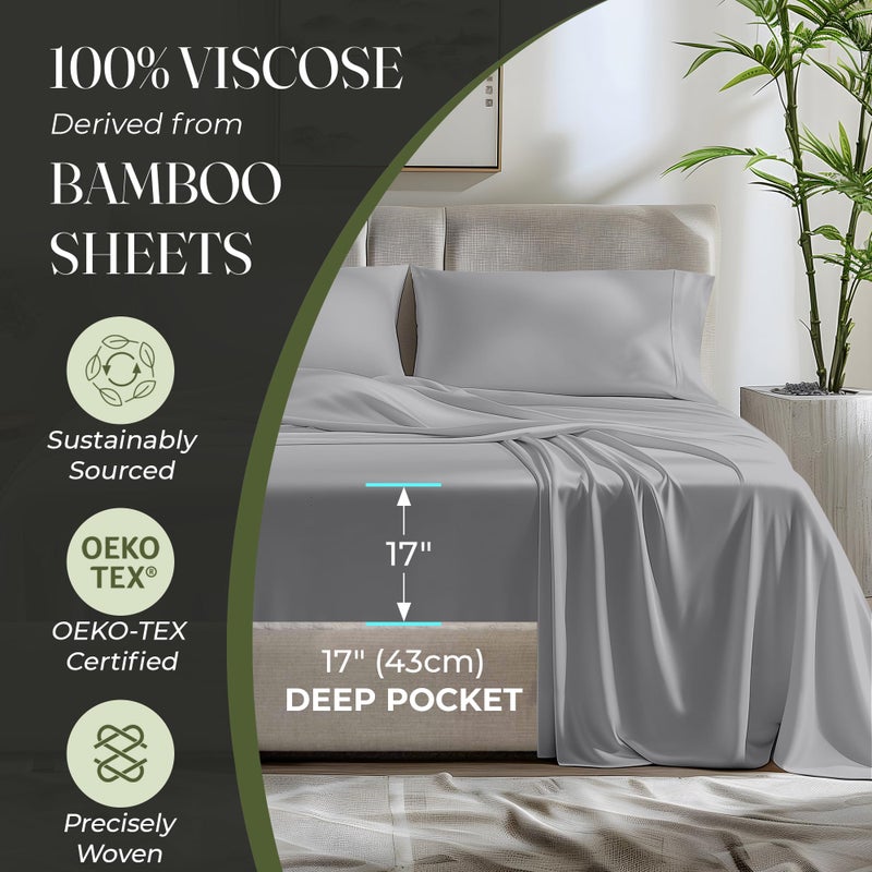 DECOLURE 100% Organic Viscose Derived from Bamboo Sheets Full Size 4pcs - Ultra Soft & Luxuriously Cooling  17"" Deep Pocket  Double Stitching  Perfect for Hot Sleepers - Full Bed Sheets (Midgrey) - Image 4