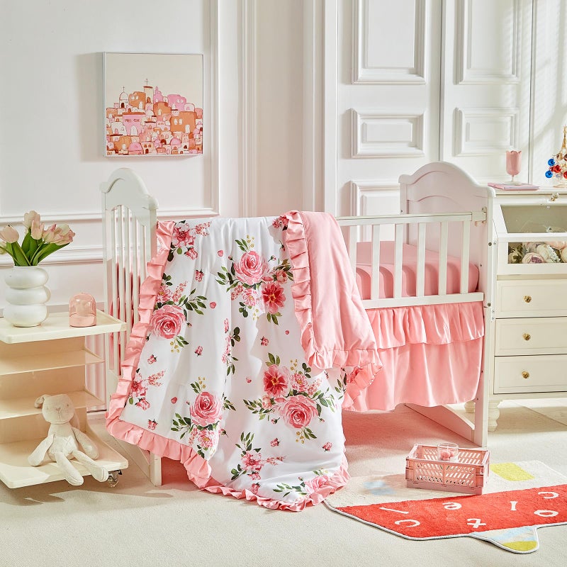 Uozzi Bedding 3 Pieces Flowers Crib Bedding Set Baby Ruffled Quilted Comforter with Fitted Sheet and Bed Skirt - Cute Ruffled Shabby Chic Baby Bedding Soft Blanket Floral Design - Image 2