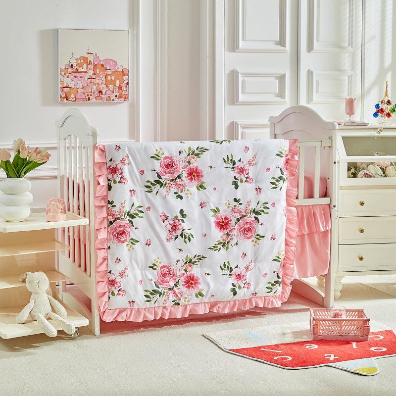 Uozzi Bedding 3 Pieces Flowers Crib Bedding Set Baby Ruffled Quilted Comforter with Fitted Sheet and Bed Skirt - Cute Ruffled Shabby Chic Baby Bedding Soft Blanket Floral Design - Image 3