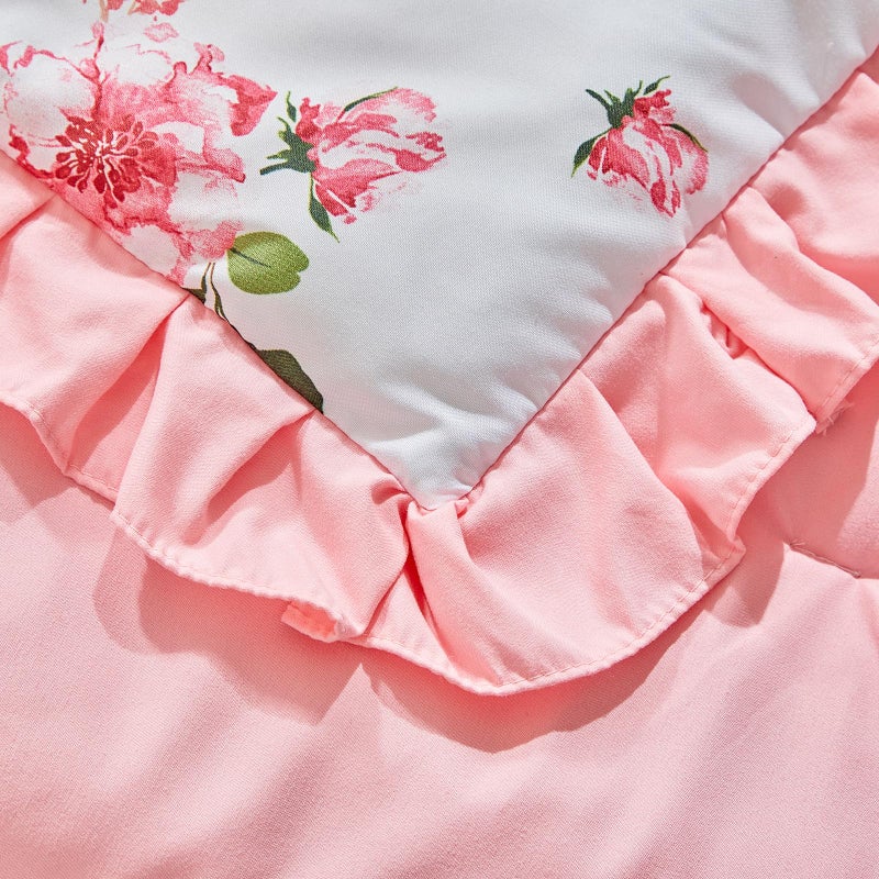 Uozzi Bedding 3 Pieces Flowers Crib Bedding Set Baby Ruffled Quilted Comforter with Fitted Sheet and Bed Skirt - Cute Ruffled Shabby Chic Baby Bedding Soft Blanket Floral Design - Image 5