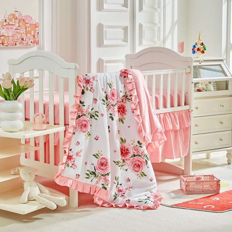 Uozzi Bedding 3 Pieces Flowers Crib Bedding Set Baby Ruffled Quilted Comforter with Fitted Sheet and Bed Skirt - Cute Ruffled Shabby Chic Baby Bedding Soft Blanket Floral Design - Image 4